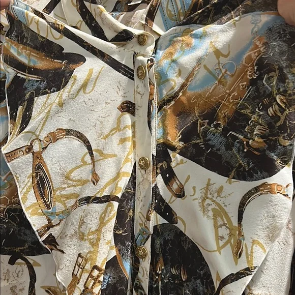 Escada Multicolor Abstract button down blouse with ruffle details. Size 44/L - Picture 4 of 10